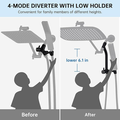 G-Promise All Metal 14 Inch Rain Shower Head with Massage Mode Handheld Spray Combo, 3-Way Diverter with Pause Setting, Full Body Coverage, Modern Bathroom Upgrade (Matte Black)