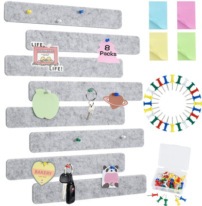 Vuzvuv 8Pcs Light Grey Cork Board Bar Strips with 50 Pushpins & Sticky Notes, Self-Adhesive Bulletin Board Strips No Damage for Wall, Felt Pin Board for Paste Notes, Photos, Schedules Office Decor