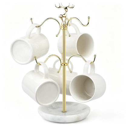BCS Mug Holder with Marble Base - 6 Hooks Mug Rack Coffee Cup Storage Tree Jewelry Display Stand Holder for Countertop