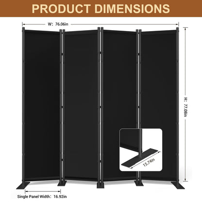 4 Panel Room Divider, 6FT Freestanding Folding Privacy Screen, Room Divider Panel 76.77" W X 75.6" H, Portable Partition Wall Dividers for Home Office Bedroom, Black