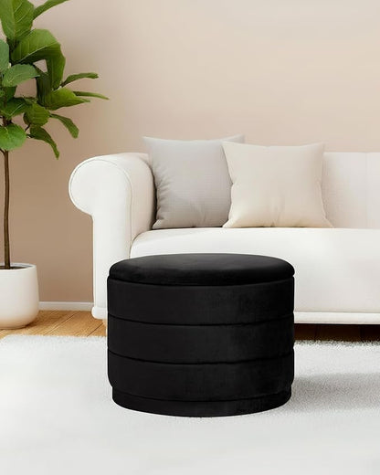 B FSOBEIIALEO Round Velvet Storage Ottoman with Tray, Folding Ottoman with Storage Coffee Table Foot Rest for Dorm Room, Living Room Black, 22.83"x22.83"x17.32"