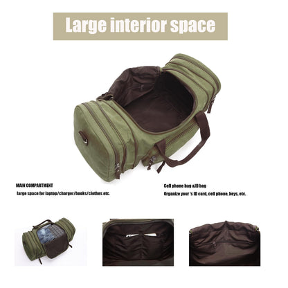 Travel bag large capacity men's luggage bag, expandable canvas leather 55 liters large capacity weekend hiking waterproof(green)
