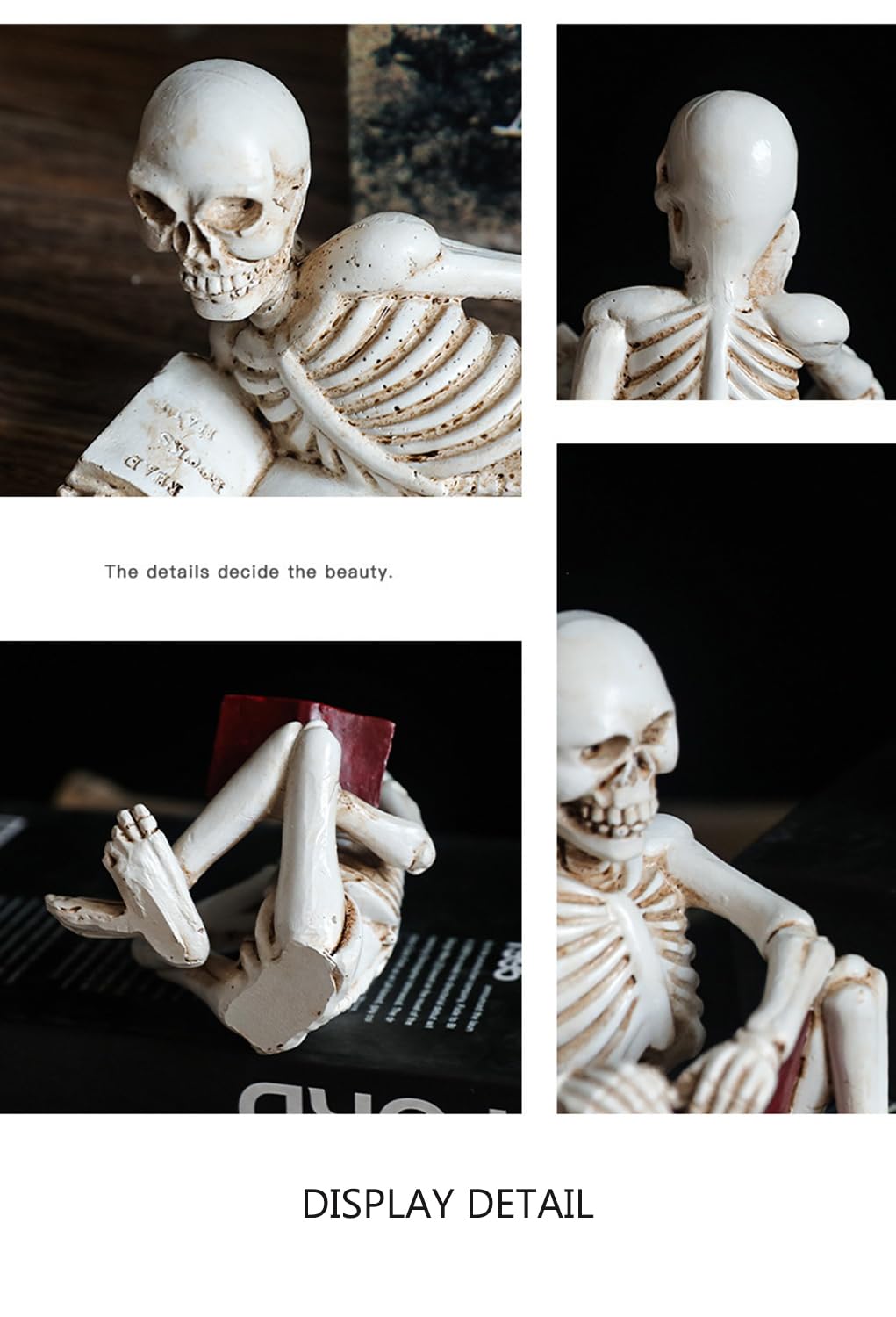 3 Psc Reading Skeleton Statue Gothic Horror Decor for Bookshelf and Desk Resin Figurine Halloween Decoration