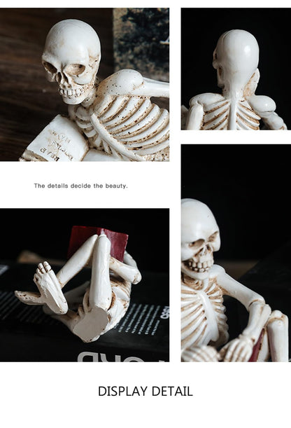 3 Psc Reading Skeleton Statue Gothic Horror Decor for Bookshelf and Desk Resin Figurine Halloween Decoration