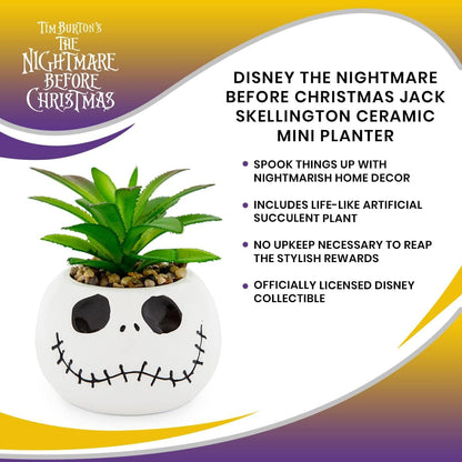 Disney The Nightmare Before Christmas Jack Skellington 3-Inch Ceramic Mini Planter with Artificial Succulent | Small Flower Pot, Faux Indoor Plants for Desk Shelf, Home Decor Trinket Tray