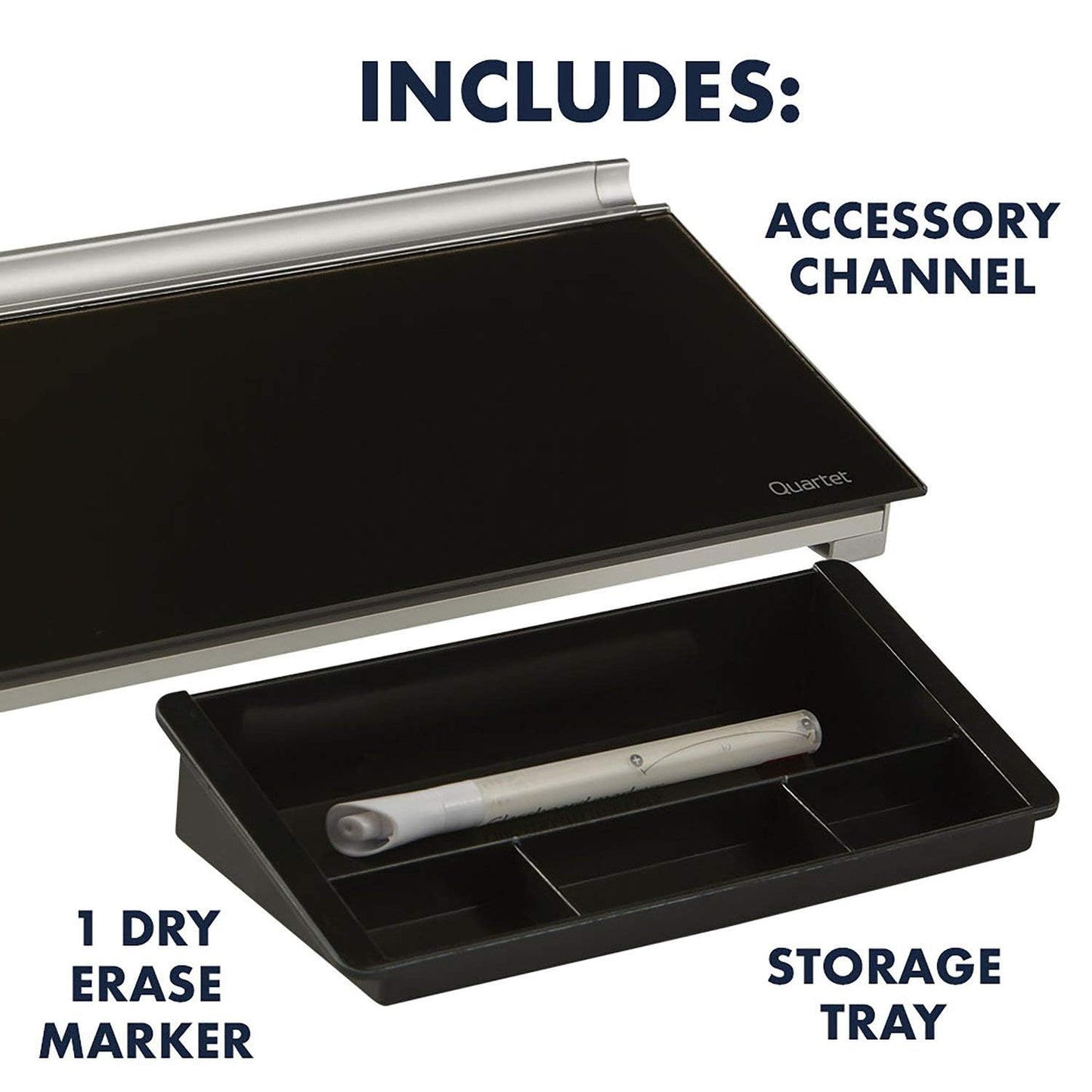 Quartet Glass Dry Erase White Board, Desktop Computer Pad for Notetaking, 18" x 6" Whiteboard, Clean Erase Surface with Storage, 1 Dry Erase Marker, Black Surface (GDP18B)