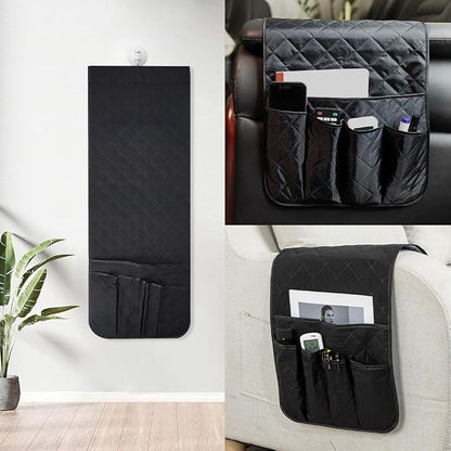 RETON Sofa Armrest Organizer with 5 Pockets, Non Slip Remote Control Caddy with 8 Pieces of Hook and Loop Fasteners, Armchair Caddy Holder Storage for Magazine Recliner Book TV Phone (Black)