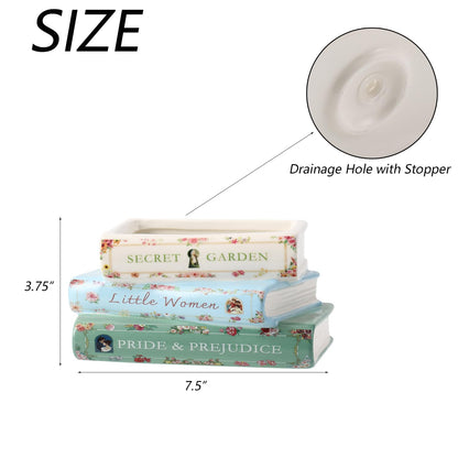 Garsheon Book Planter, Ceramic Planters with Drainage Hole, Ceramic Book Vase for Flowers, Cute Plant Pot for Book Shelf Decor, Book Shaped Vase for Book Lovers Gifts, Book Lovers Women