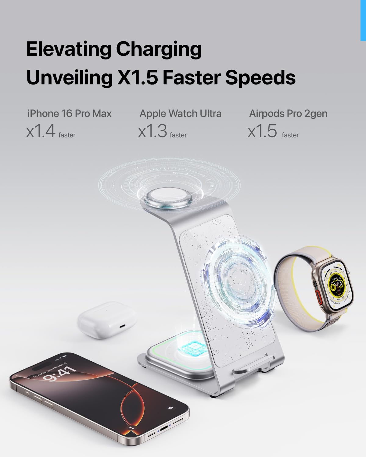 Intoval 3 in 1 Wireless Charging Station for iPhone 17 16 15 14 13 12 11 X Pro Max, Wireless Charger for Apple Watch Ultra 3 SE 9 8 7 6 5 4 3 2, for AirPods 4 Pro Pro 2 3 (Y93, Grey)