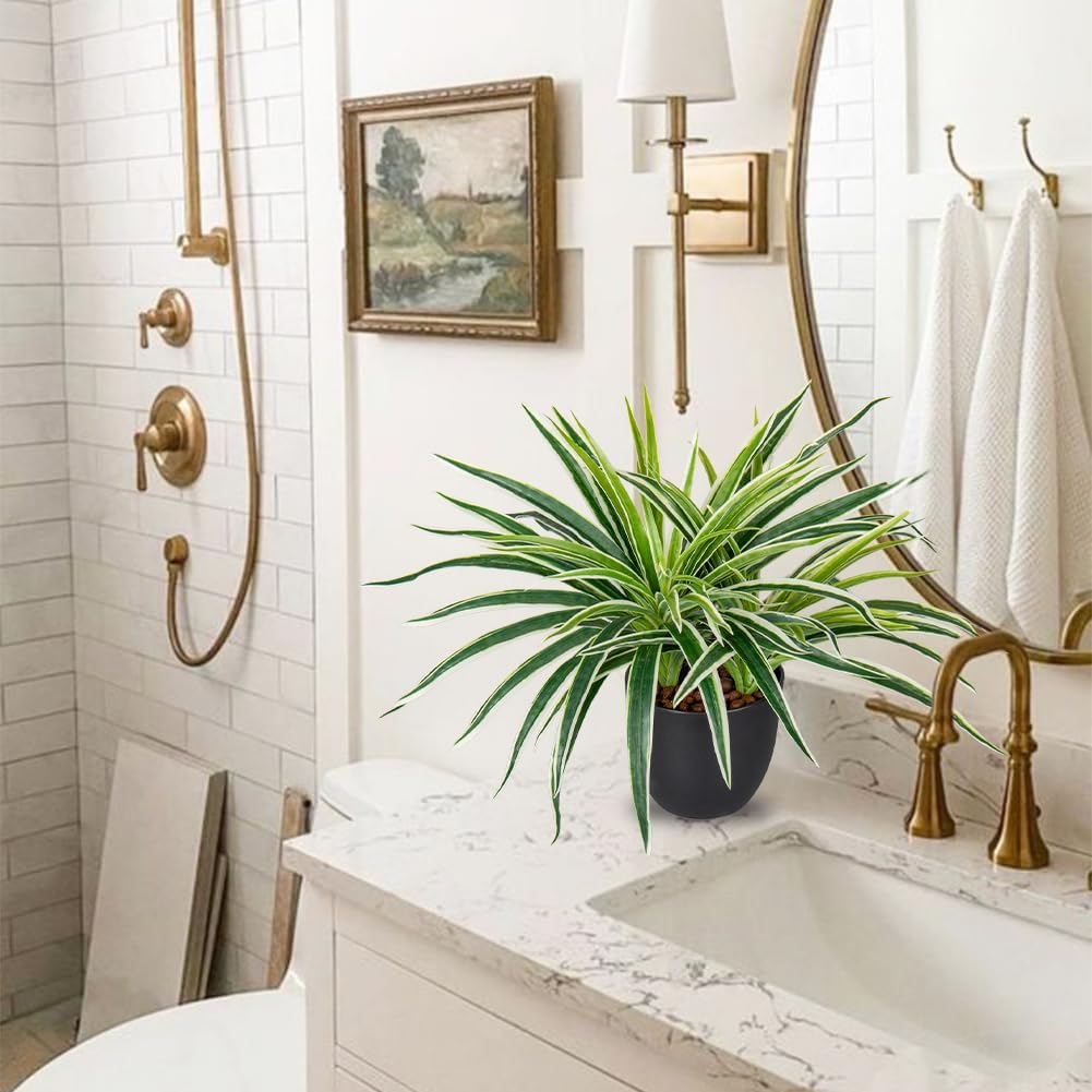 GnFlus Fake Hanging Plant, Faux Spider Plant in Pot Artificial Grass Plants 12 Inch Faux Chlorophytum Comosum Potted Plants for Home Office Table Shelf Desk Kitchen Bathroom Bedroom Decor