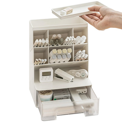 TNDCKP Large Plastic Pen holder with drawer and Vertical 6-Compartment, Dual-Purpose Art Supply Pencil Cup for Office, School, Home (WHITE)