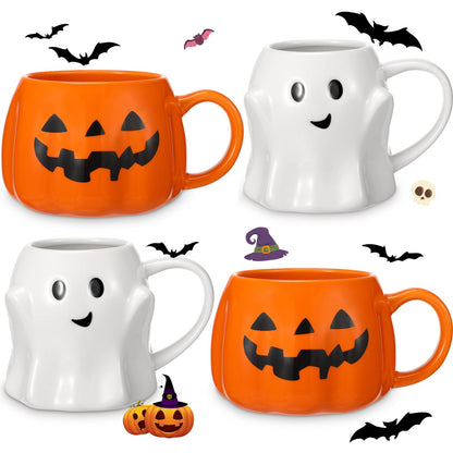 Didaey 4 Pcs 14oz Halloween Pumpkin Mug Ghost Coffee Mug Cute Pumpkin Coffee Cup Halloween Ceramic Cups for Home Decorations
