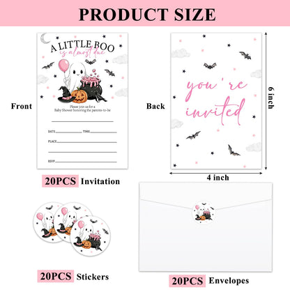 Smenudlli Pink A Little Boo Baby Shower Invitation, Halloween Invites Cards with Envelopes and Sticker (20 Pack), Cute Ghost Baby Shower Decorations Supplies /21