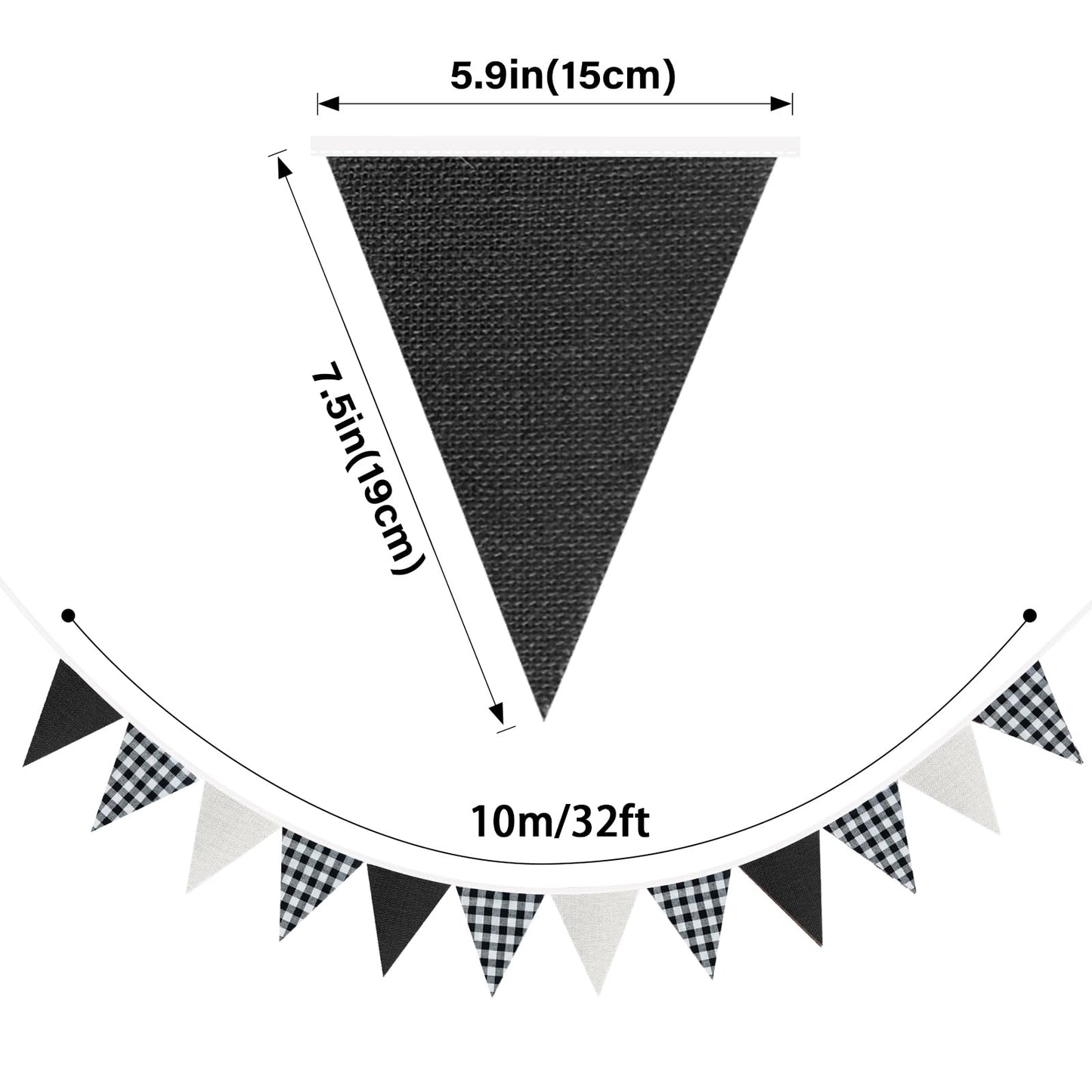 G2PLUS Black and White Gingham Fabric Bunting Banner, 32Ft Cotton Burlap Triangle Garland for Soccer Party, Game Day, Racing Car Party, Birthday, Graduation & Outdoor Decorations