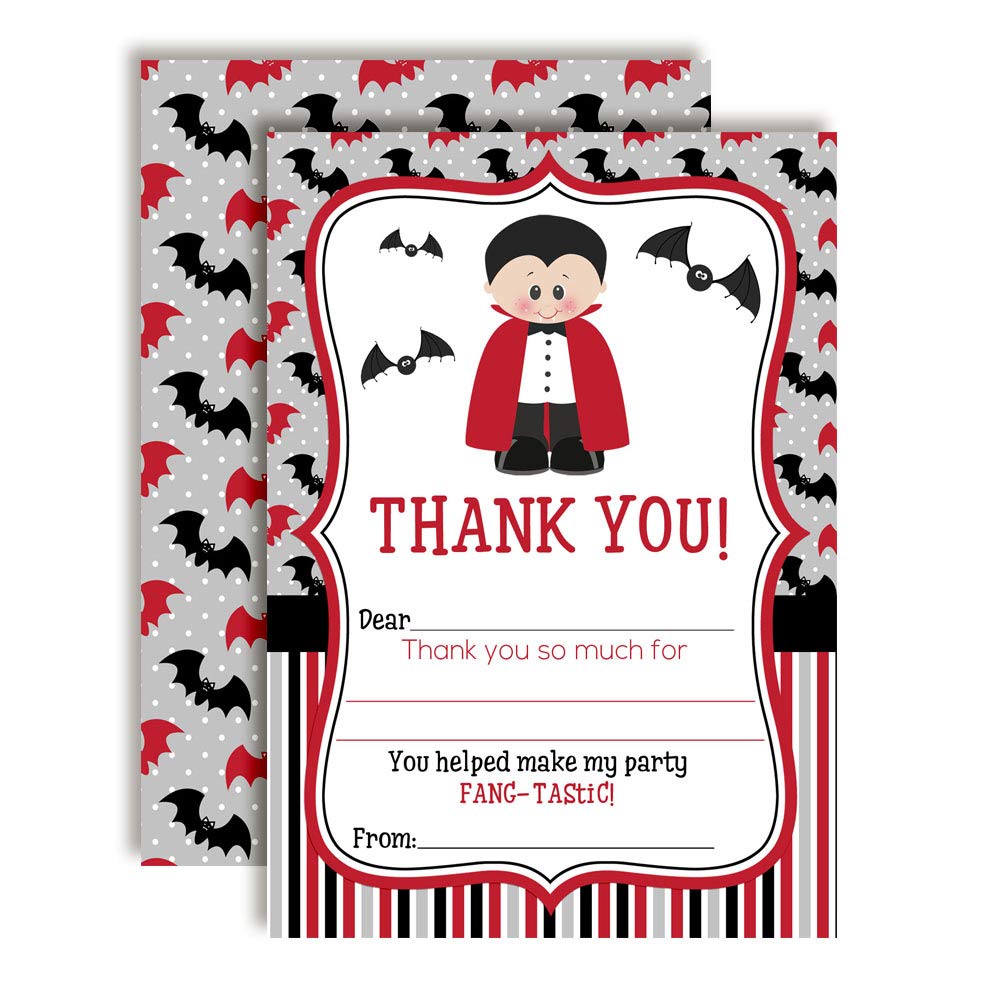 Dracula Fang-tastic Halloween Vampire Birthday Thank You Notes for Kids, Ten 4" x 5.5" Fill In The Blank Cards with 10 White Envelopes by AmandaCreation