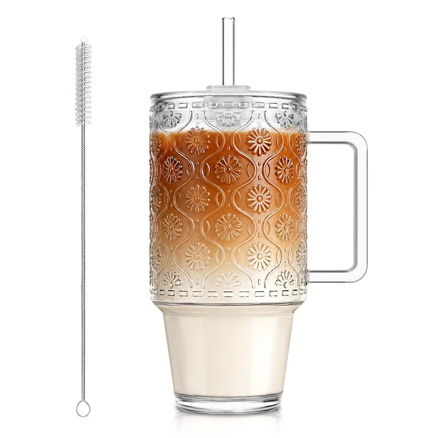 KEMORELA 24 Oz Ribbed Glass Tumblers with Lids and Straws, Tumbler Cup with Handle, Iced Coffee Glassware, Clear Reusable Drinkware for Smoothies and Beverages(1)