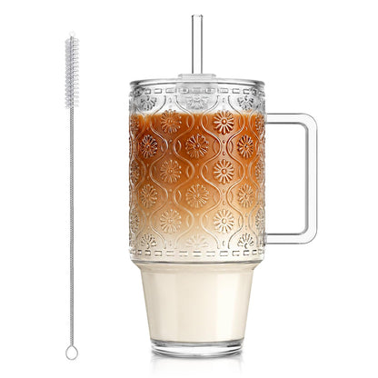 KEMORELA 24 Oz Ribbed Glass Tumblers with Lids and Straws, Tumbler Cup with Handle, Iced Coffee Glassware, Clear Reusable Drinkware for Smoothies and Beverages(1)