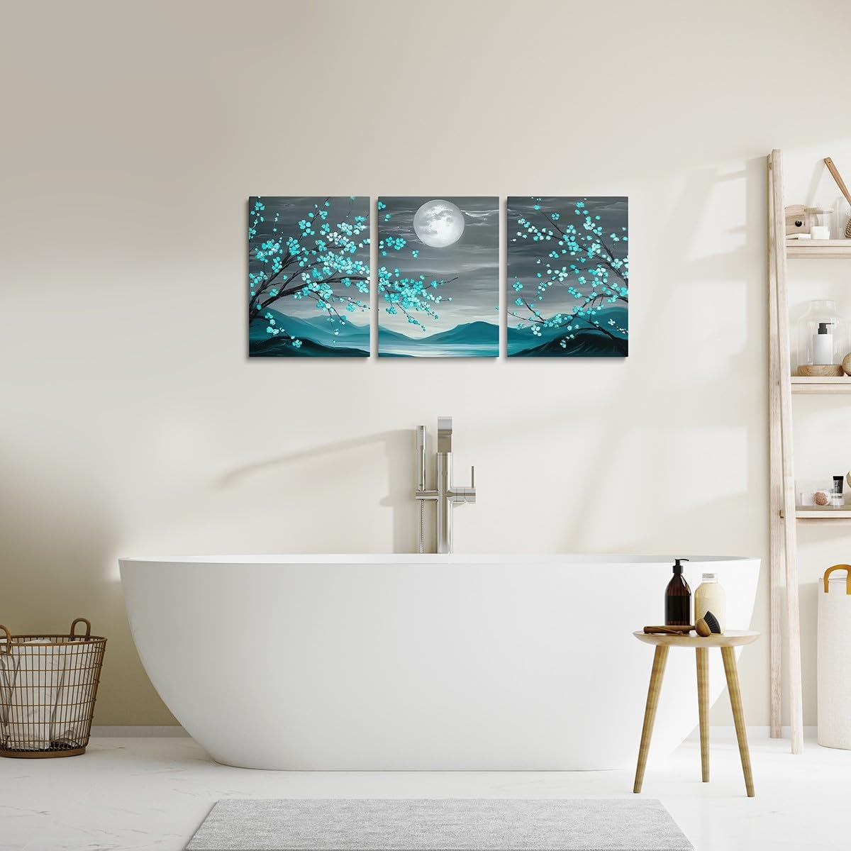 jejeloiu Teal Blue Plum Blossom Canvas Wall Art for Living Room Bedroom 12"x16"x3pcs Moon Mountain Picture Wall Decor for Bathroom Floral Flower Office Decorations Artwork Posters Botanical Painting
