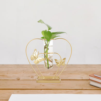 Uonlytech Metal and Glass Hydroponic Flower Vase with Butterfly Motif, Heart-Shaped Terrarium Ornament for Home Décor, Desktop Plant Holder for Living Room and Wedding Decorations