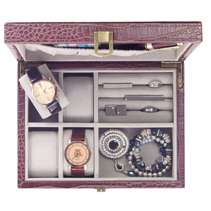 Decorebay Executive PU Crocodile Leather Watch Box, Cufflink, Ring Storage Jewelry Box Organizer for Men (Seal Brown)