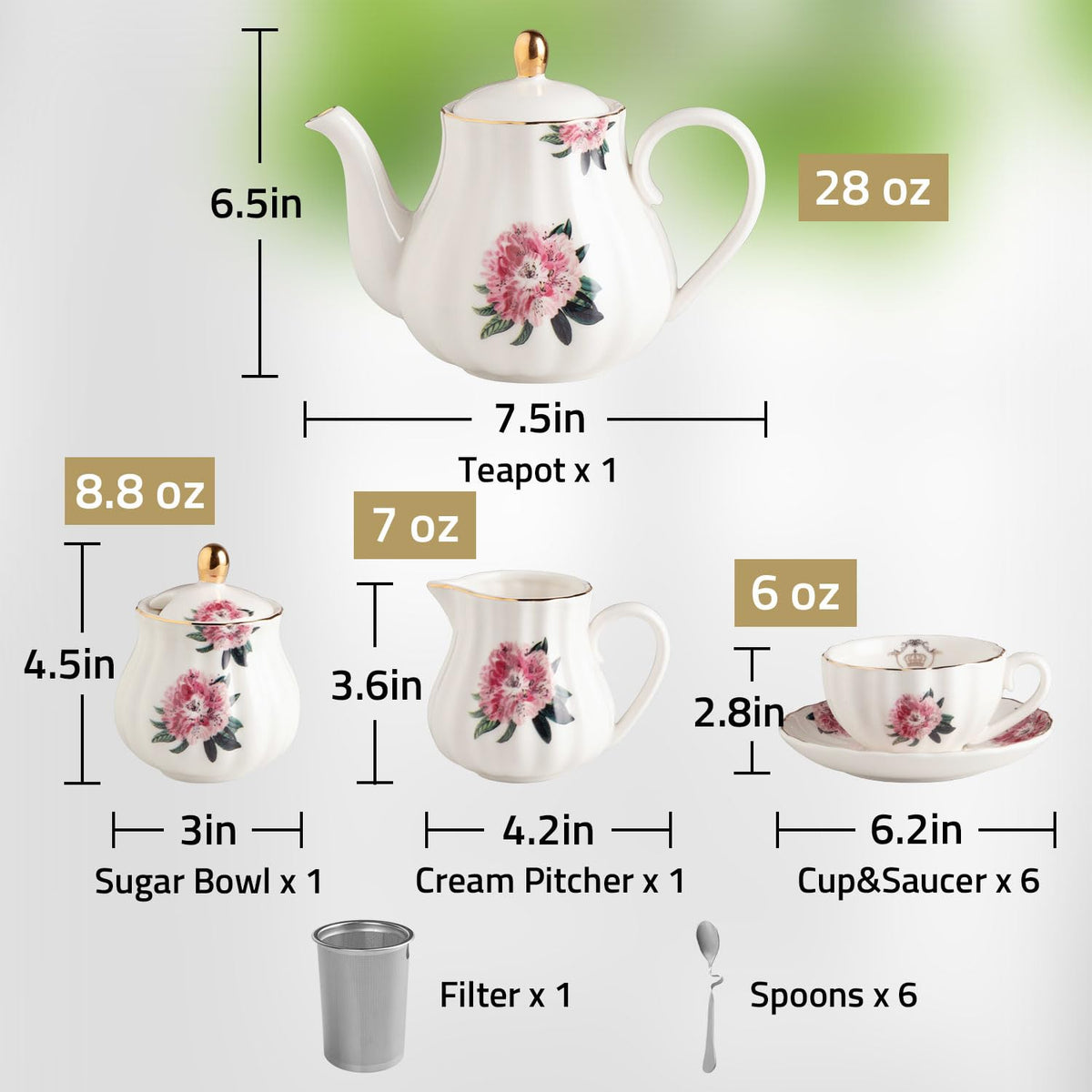 Sweejar Porcelain Tea Sets British Royal Series, 8 OZ Cups & Saucer Service for 6, with Teapot Sugar Bowl Cream Pitcher Teaspoons and Tea Strainer, Suitable for High Tea, Wedding, Party