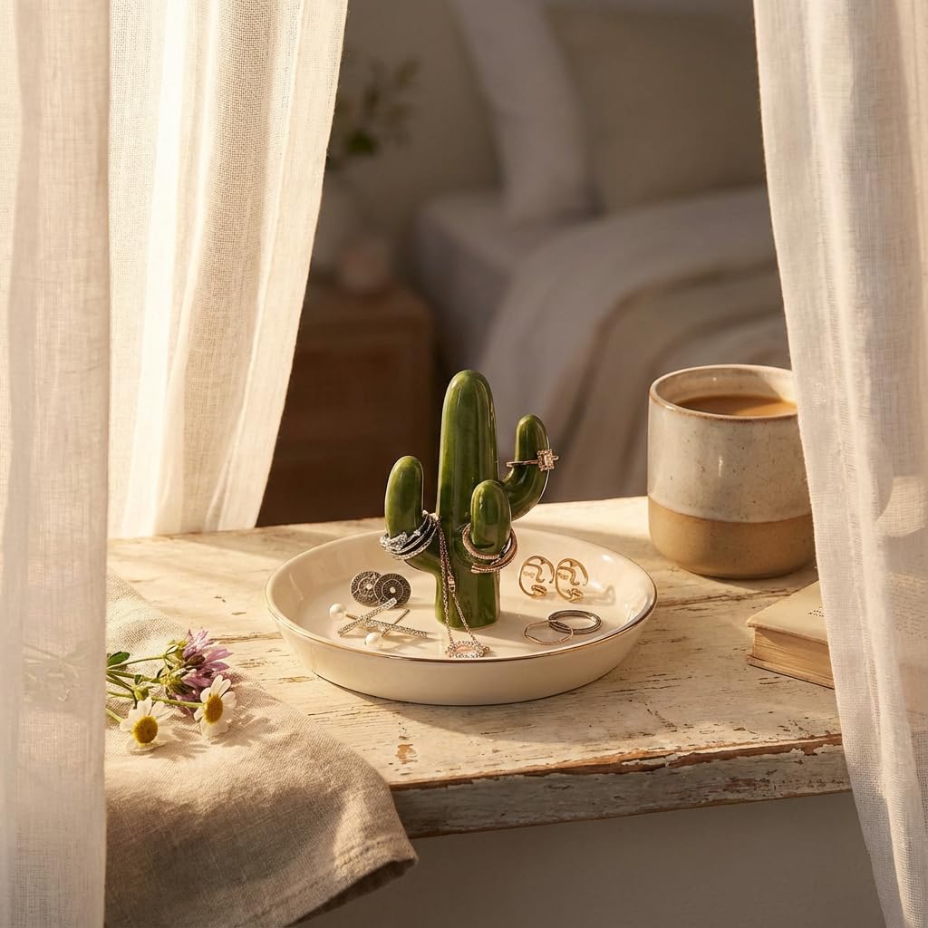 mono living Cactus Jewelry Holder and Ring Dish - Ceramic Succulent Decor for Kitchen Sink or Vanity - Cute Engagement, Birthday, or Mother’s Day Gifts for Women, Gold-Rimmed Trinket Tray