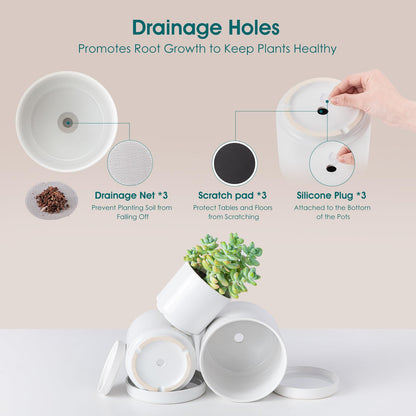 vancasso Ceramic Plant Pots, 3 Piece Planters for Indoor Plants, 4.25+5.25+6.25 Inch Flower Pots with Drainage, Plant Pots Indoor for Succulent, Pothos, Snake Plant and Money Tree, Etc (White)