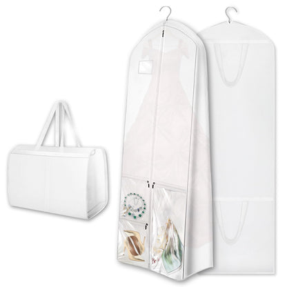 Dress Garment Bags, Long Garment Bags for Travel, 70’’ Wedding Dress Cover with Handle, Foldable Clothing Bag with Pockets and Zippers, White, 180 cm