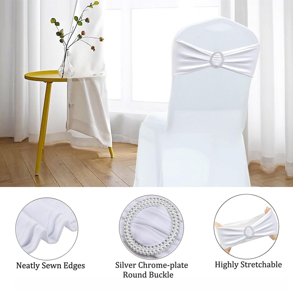 Albassa Chair Sashes Spandex Stretch Chair Bows with Buckle Slider for Wedding Party Decorations (White, 25PCS)