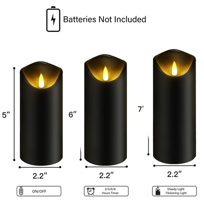 kakoya Flickering Flameless Candles, Battery Operated Plastic LED Pillar Candles with Remote Control and Timer, Set of 9 (Black)