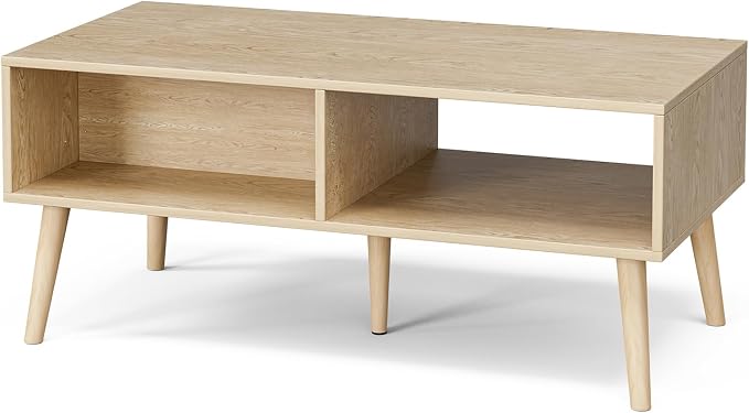 ZttRiee Coffee Table with Storage, Boho Dining Table with Rattan Drawer and Solid Wood Legs, Small Coffee Tables for Living Room, Oak