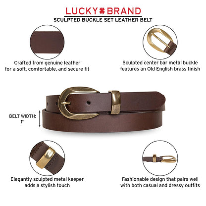 Lucky Brand Women's Minimalist Genuine Leather Belt with Antique Brass Harness Buckle, Large, Brown