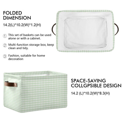 JUZIHAI Green Gingham Checkered Storage Basket, Collapsible Canvas Storage Organizer Bins with Handles for Toys Clothes Closet Shelves Nursery Office, 14.2x10.2x8.3 in