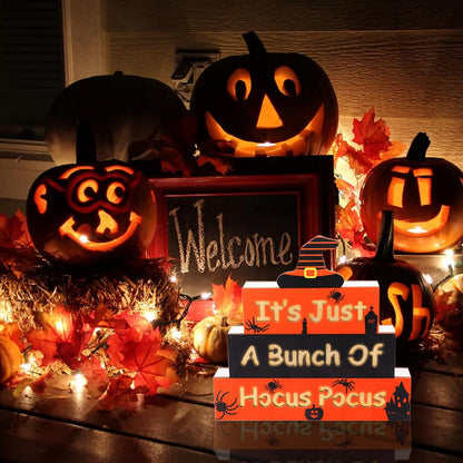 GOSUOA Halloween Wooden Block Sign with Led Lights Letters,Halloween Decorations Indoor,Halloween table decor,Battery Operated Halloween Party Decorations for Mantels, Tiered Trays, Shelves