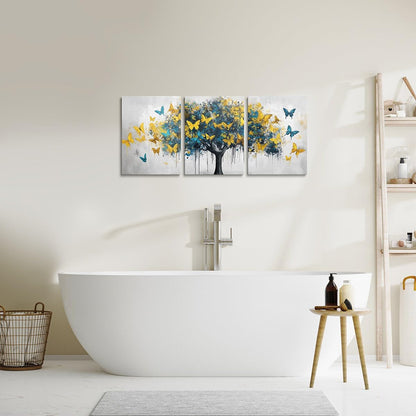 jejeloiu Blue Golden Tree Canvas Wall Art for Living Room Bedroom 12"x16"x3pcs Butterflies Picture Wall Decor for Bathroom Natural Scenery Office Decorations Artwork Posters Oil Painting Painting