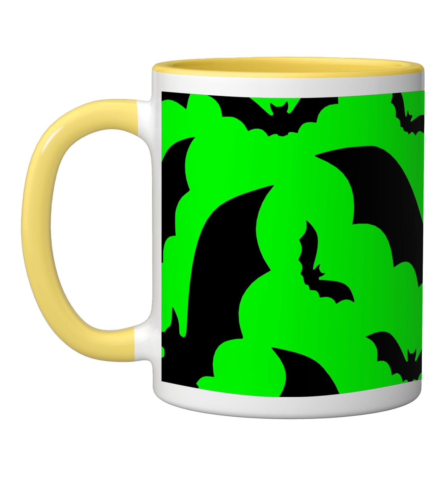 acid green halloween vampire bats goth scary macabre horror Ceramic Mug, Yellow/White