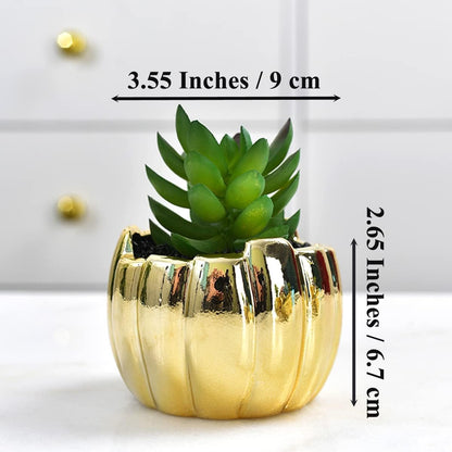 ROSE CREATE 4pcs 3.5 Inches Gold Mini Succulent Ceramic Pots Holder with 4pcs Bamboo Trays, Small Simple Golden Porcelain Plant Cactus Flower Holder Decorative Planters, Plants Not Included