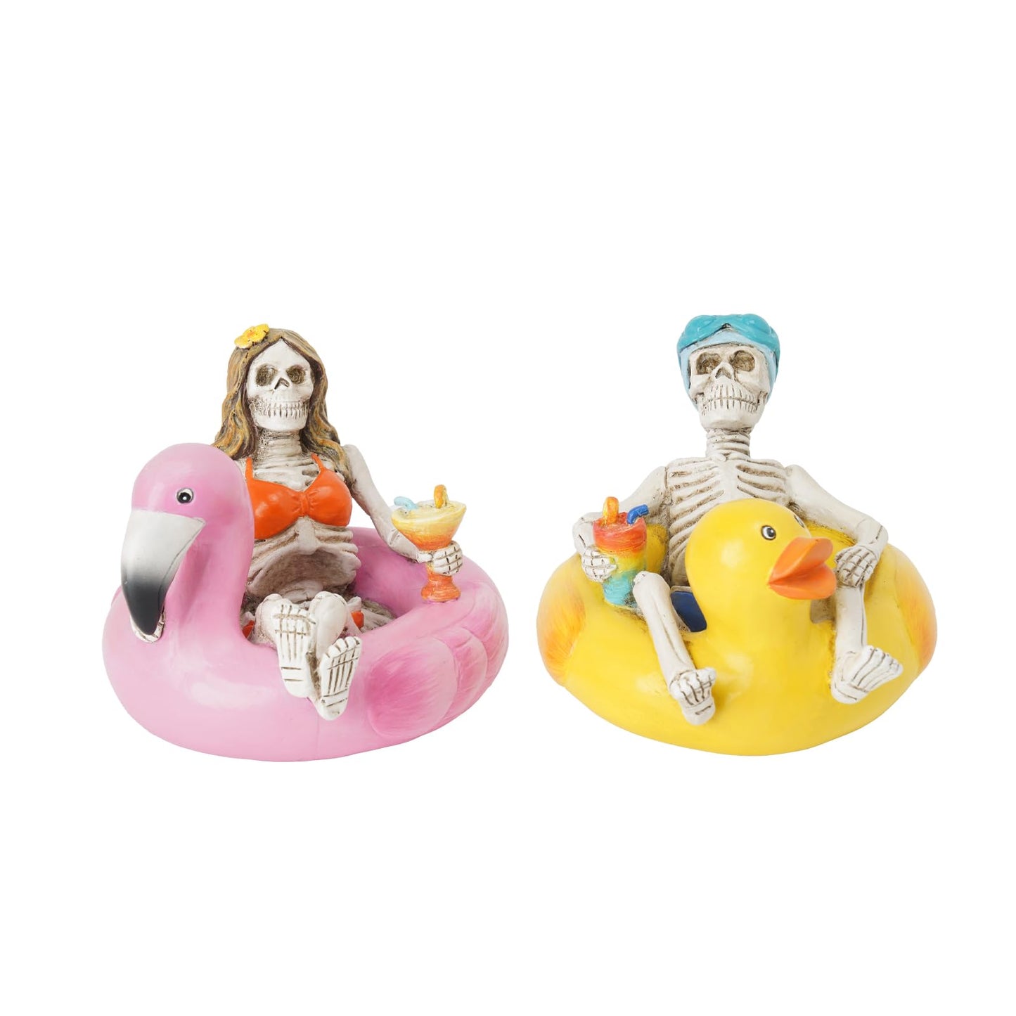 Summer Home Decor Halloween Skeleton-Statues - 2PC Summerween Collectible Figurines Couple on Yellow Duck & Pink Flamingo Floats Sulpture for Coastal Tropical Beach Halloween Decor Newman House Studio