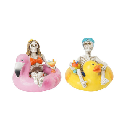 Summer Home Decor Halloween Skeleton-Statues - 2PC Summerween Collectible Figurines Couple on Yellow Duck & Pink Flamingo Floats Sulpture for Coastal Tropical Beach Halloween Decor Newman House Studio