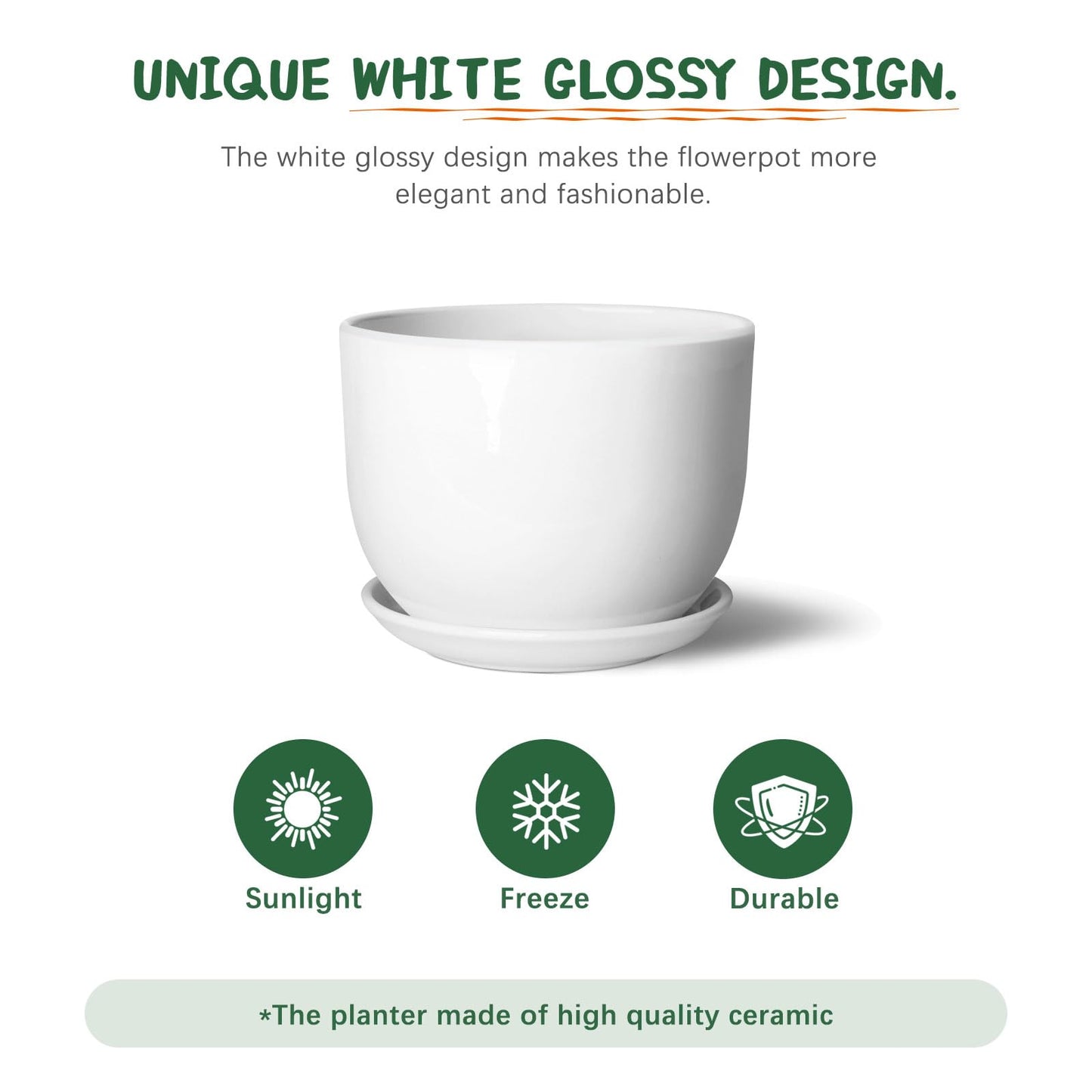 YUFDA 8 Inch Ceramic Planter, Plant Pots with Drainage Hole and Separable Saucer,Indoor-Outdoor Round Succulent Orchid Flower Pot,Indoor pots for Plants(Smooth White,Plant Pot only)