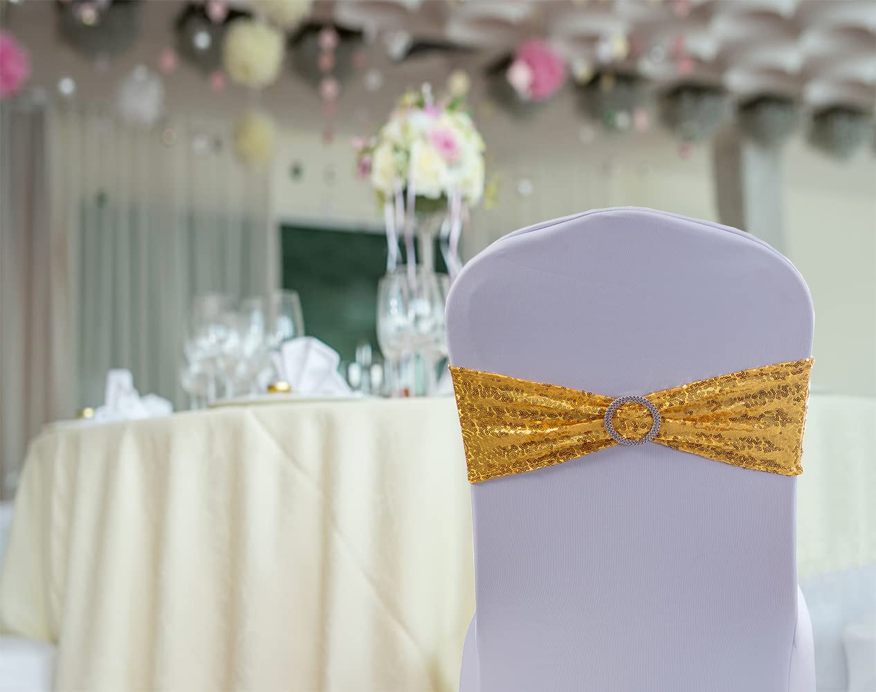 WENSINL All Sequin Gold Chair Sashes 100 Pack, Gold Sequin Chair Sashes Bows for Wedding Party Folding Chair Decoration, Golden Chairs Band with Buckles for Fiesta Event Decorations