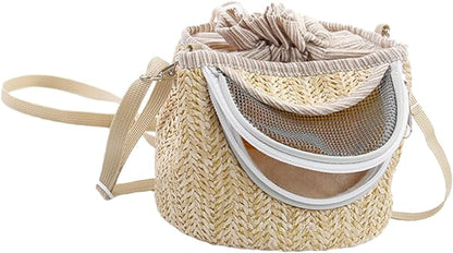 Portable Hamster Carrier with Ventilated Gauze Small Pet Carry-Out Bag Lightweight Straw-Woven Design for Outdoor Travel 5.51X5.51X4.72In