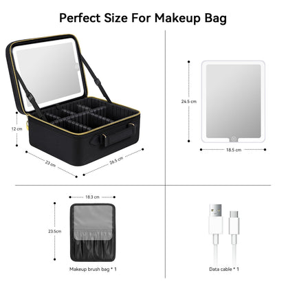 JUSRON Travel Makeup Bag With LED Mirror,Train Case with Light up Mirror, Portable Makeup Artist Organizer Bag with Adjustable Dividers (Black, Large)
