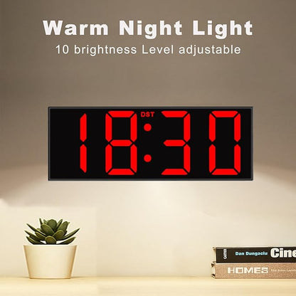 JALL 12" Large Digital Wall Clock, Big LED Number Dispaly, RGB Colors, DST, Night Light for Classroom Living Room Bedroom Mounted Birthday Xmas Gift for Senior, Black Shell, Red Font
