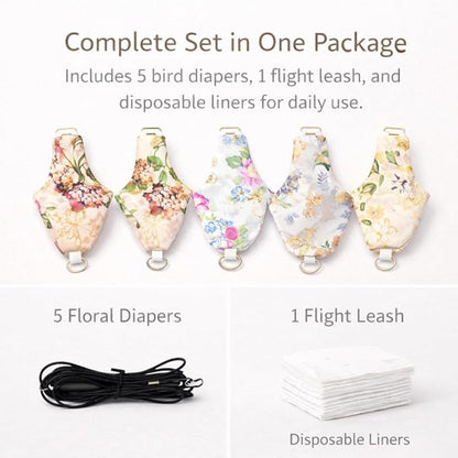 5PCS Bird Diaper Harness Set with Flight Leash and Disposable Liners, Reusable Bird Diapers for Parrots Conures Cockatiels Parakeets, Adjustable Bird Harness for Indoor Companion Birds(M)