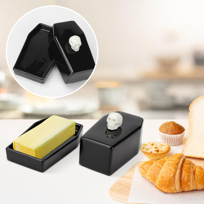 Kcgani 1 Pcs Ceramic Butter Dish with Lid Set, Black Gothic Skull Shape Butter Container Holds for Countertop, Ceramic Gothic Kitchen Utensils Butter Keeper for Table Decor Festivities Party Supplies