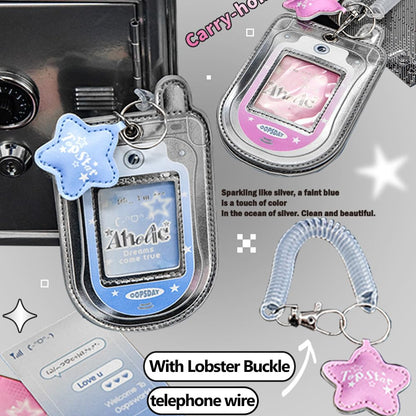 2Pcs Star Cute Kpop Photocard Holder Keychain Mobile Phone Shape Pu Leather Photo Card Holder Keychain Pink Blue Kawaii Flip Phone Shape Pc Holder Kpop Korean Star Pendant School Stationery Gifts