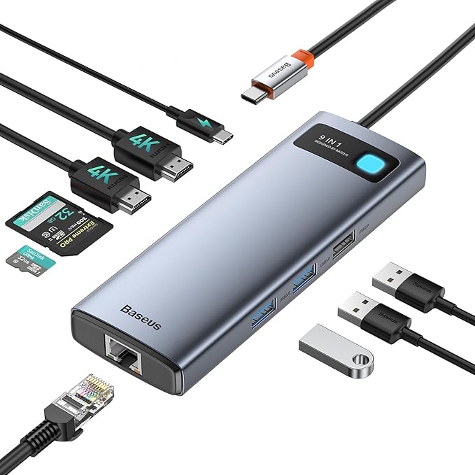 Baseus Laptop Docking Station Dual Monitor 4K@120Hz, 9 in 1 USB C Hub with 2 HDMI, 1000Mbps LAN, Max 85W PD, 3 USB, SD Card Reader, USB C Dock Compatible with iPhone 15/Mac/Dell/HP/Surface/Steam Deck