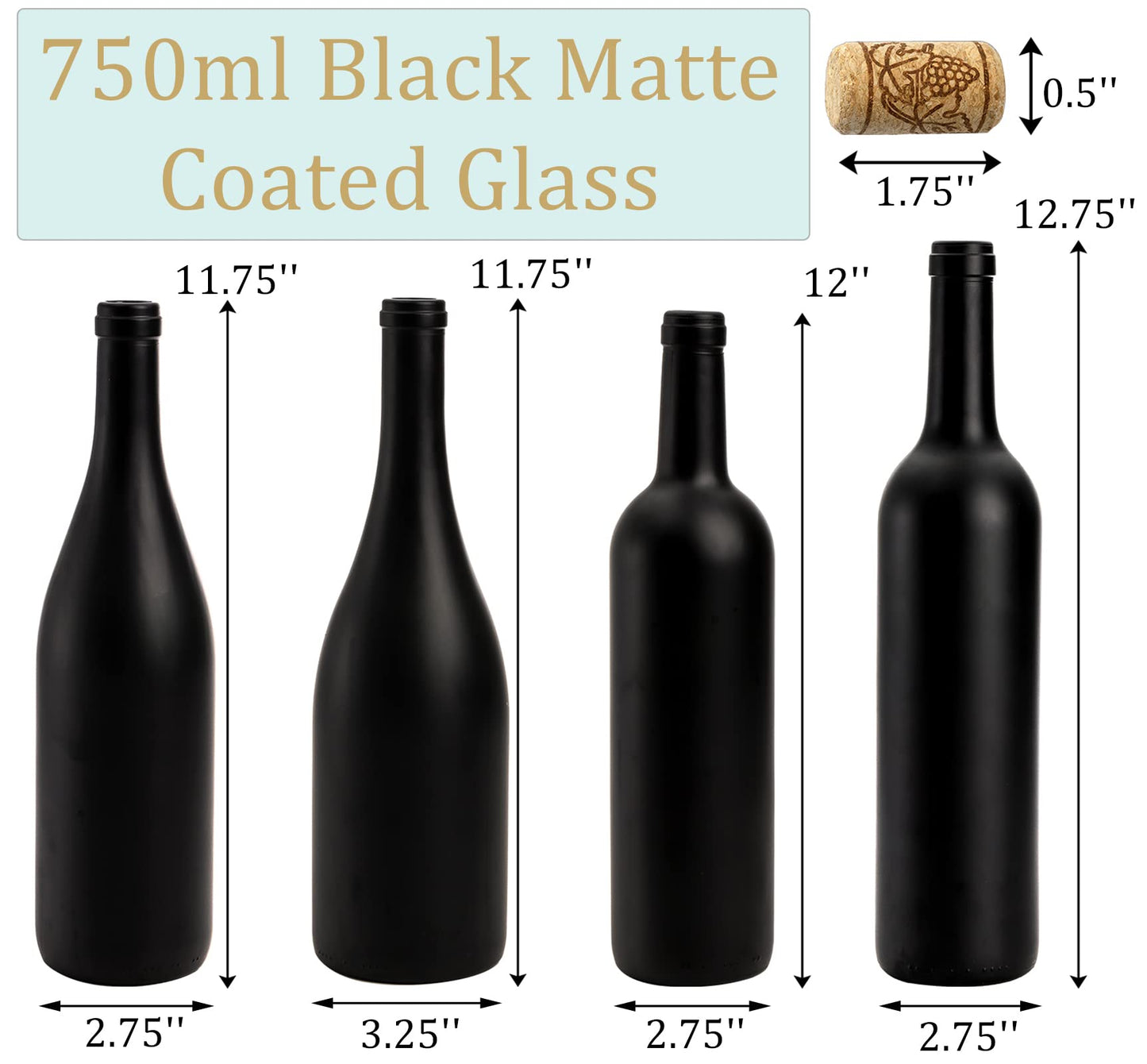 Yesland 4 Pack Empty 750ml Black Matte Coated Glass Wine Bottles with Cork - Bordeaux Style for Home Decor & Bottle Tree, 4 Sizes