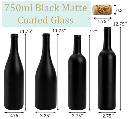 Yesland 4 Pack Empty 750ml Black Matte Coated Glass Wine Bottles with Cork - Bordeaux Style for Home Decor & Bottle Tree, 4 Sizes